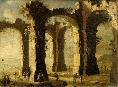 Figures in an architectural capriccio by Gennaro Greco