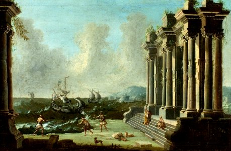 Figures Among Classical Ruins with Ships in Stormy Waters Beyond by Gennaro Greco