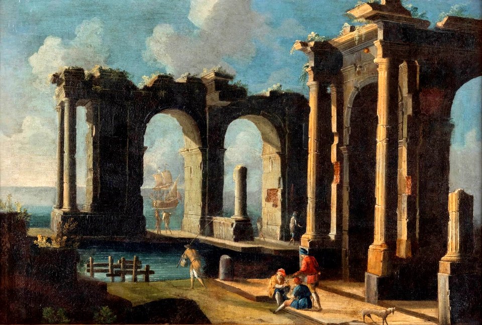 Paire de scènes de ports méditerranéens en ruines (2) by Gennaro Greco