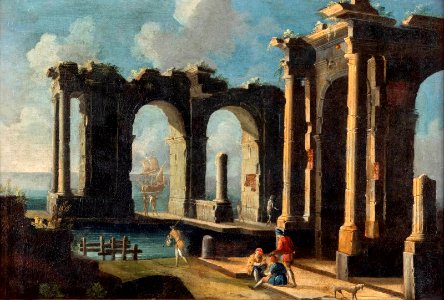 Paire de scènes de ports méditerranéens en ruines (2) by Gennaro Greco