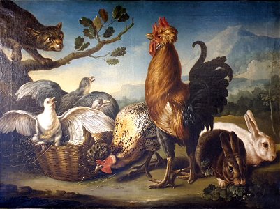 1690 after de Koninck Katze auf Vogelhof mit zwei Kaninchen Historisches Museum Bamberg anagoria