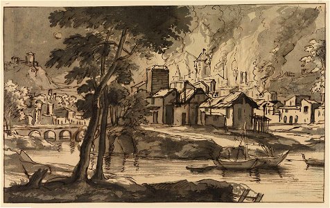 Jan Claudius de Cock - Burning city by a river