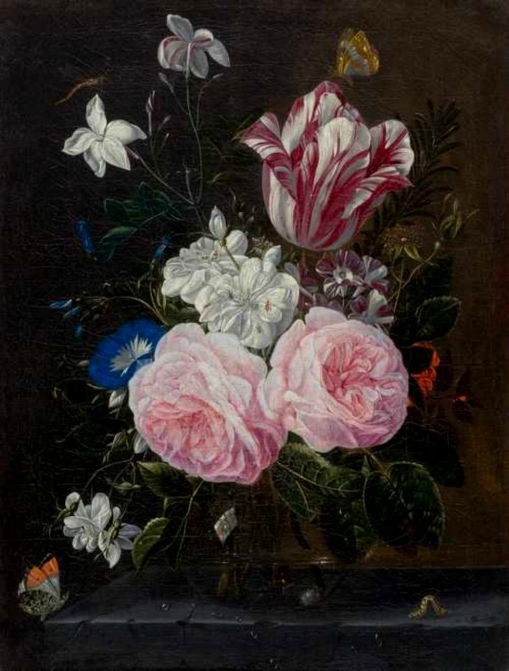 Jan Baptist de Crépu - Bouquet of flowers in a glass vase with butterflies and a small caterpillar on a stone plinth