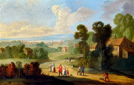 Jan Frans van Bredael - Landscape with Figures and Houses. Free illustration for personal and commercial use.