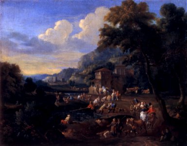 Adriaen Frans Boudewijns and Pieter Bout - River landscape with fishermen. Free illustration for personal and commercial use.