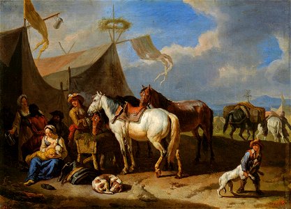 Bloemen Camp scene with a woman nursing a baby