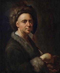 Francesco Trevisani - Self-portrait, half-length, in a fur-trimmed coat and cap, holding a brush in his right hand