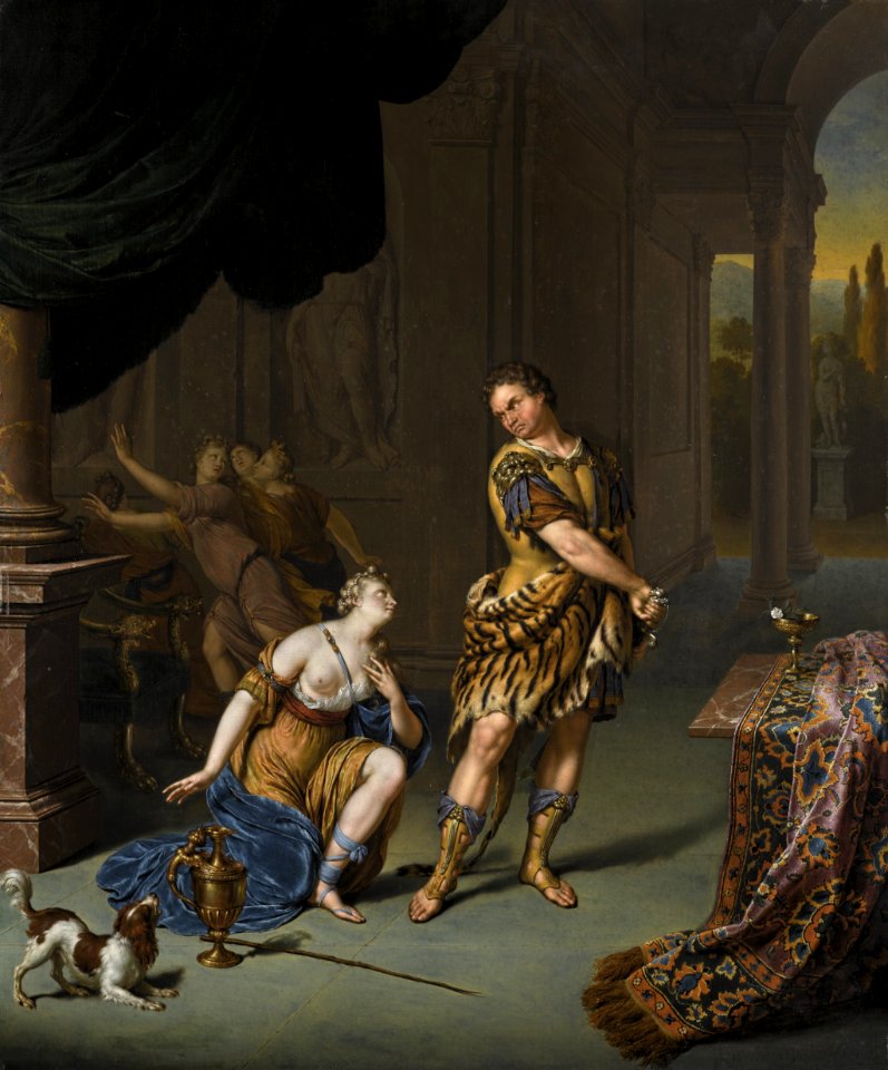 Willem van Mieris - Circe begging Ulysses for mercy after he has resisted her drugged cup