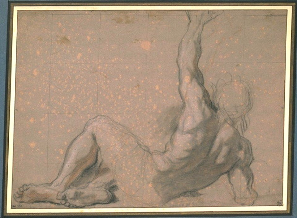 Antoine Coypel - Naked man, lying down, raising his left arm, seen from behind