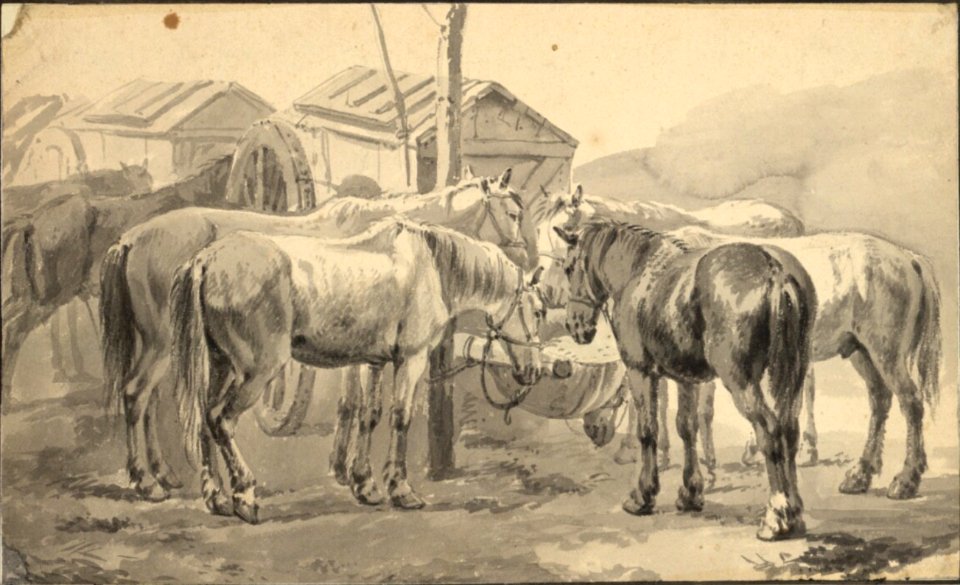 Pieter van Bloemen - Group of horses eating from a feed bag attached to a wagon