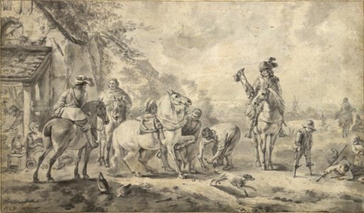 Pieter van Bloemen - Three cavalryman at the farrier