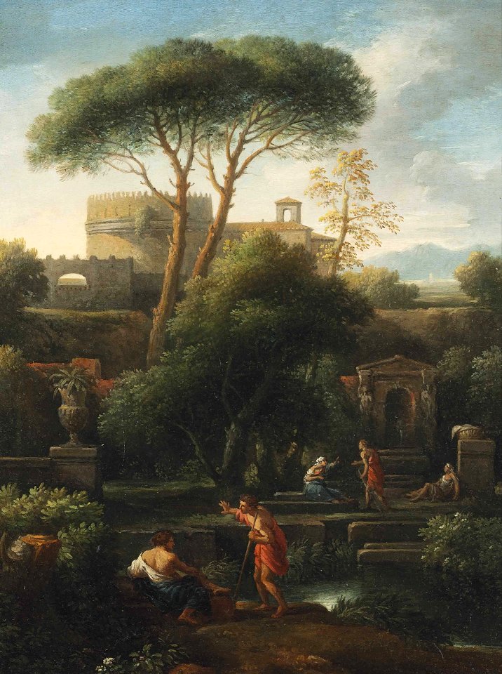Jan Frans van Bloemen - Italianate landscape with washerwomen and other figures conversing by a stream, classical buildings including the tomb of Cecilia Metella beyond