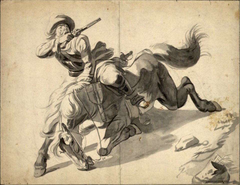 Pieter van Bloemen - Cavalryman with raised pistol on falling horse