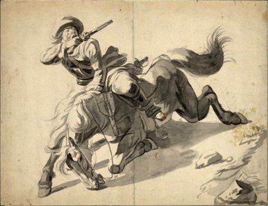 Pieter van Bloemen - Cavalryman with raised pistol on falling horse