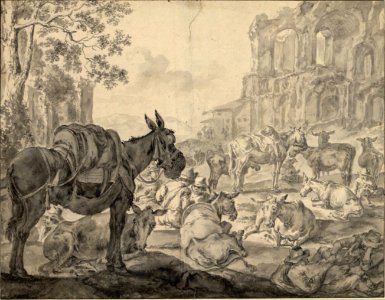 Pieter van Bloemen - Resting mule herds and their drivers, in front of a southern ruin landscape. Free illustration for personal and commercial use.