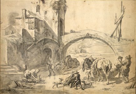 Pieter van Bloemen - City gate and bridge with winter scene on the ice of the city moat