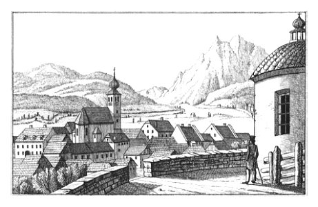 171 Liezen mit der Ansicht auf den Grimming - aufg. von S. Kölbl - J.F.Kaiser Lithografirte Ansichten der Steiermark 1830. Free illustration for personal and commercial use.