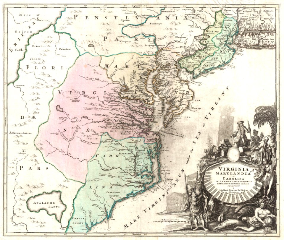 1715 Homann Map of Carolina, Virginia, Maryland and New Jersey - Geographicus - VirginiaMarylandiaCarolina-homann-1715