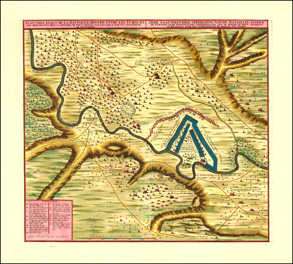 1711 map of the Battle of Stănileşti of the Pruth River Campaign by Nicolaes Visscher II
