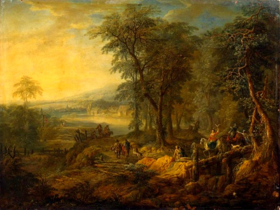 Carel van Falens -- Hunting party in a landscape