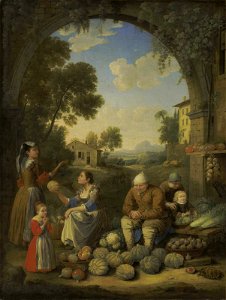 Hendrik Frans van Lint, lo Studio - A lady with children visiting a village vegetable stand