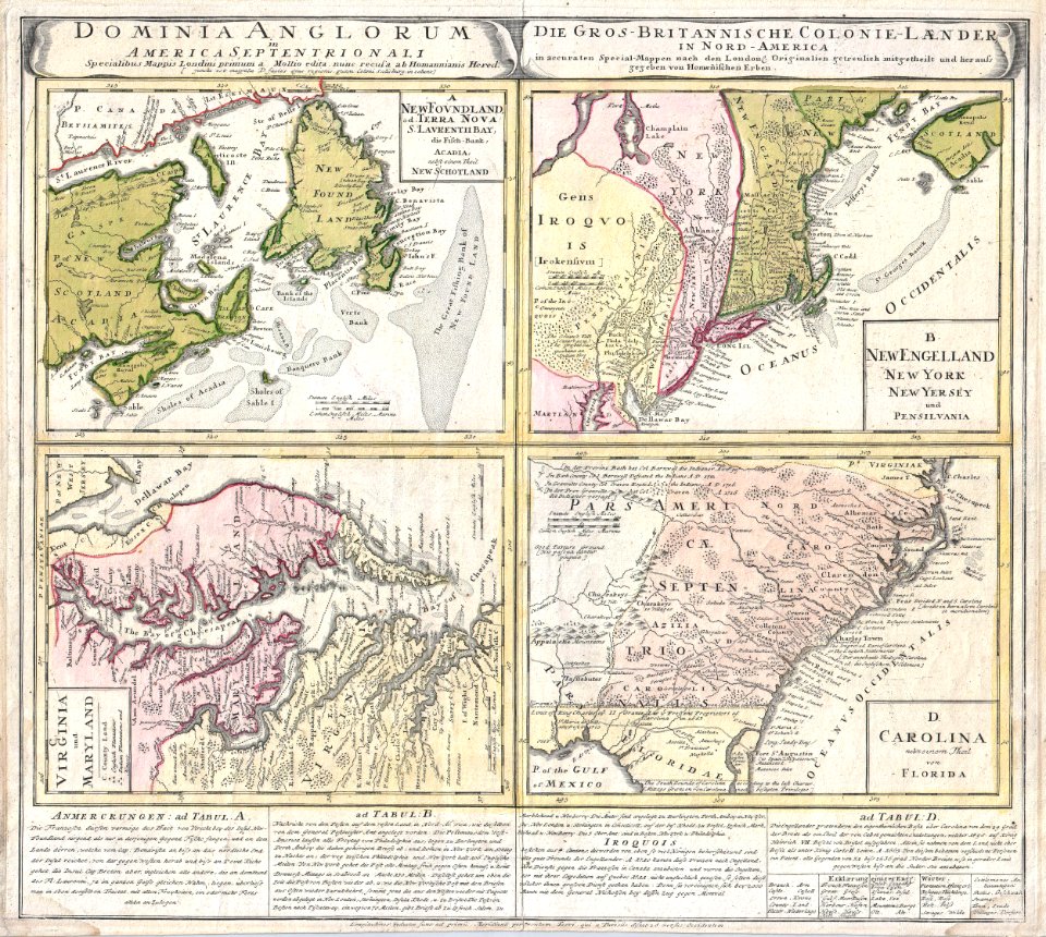 1737 Homann Heirs Map of New England, Georgia and Carolina, and Virginia and Maryland - Geographicus - DominiaAnglorum-hmhr-1737
