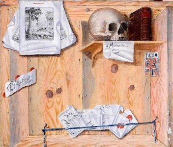Jacobus Plasschaert - Trompe l'oeil still life with a skull. Free illustration for personal and commercial use.