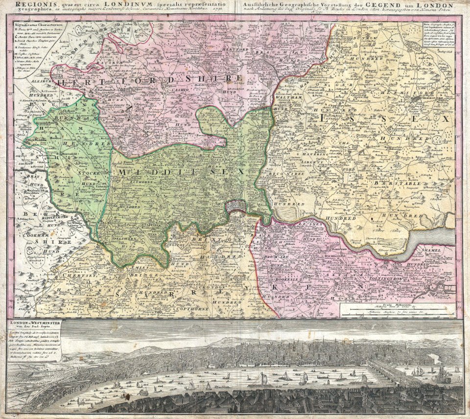 1741 Homann View and Map of London, England and Environs - Geographicus - London-homann-1741