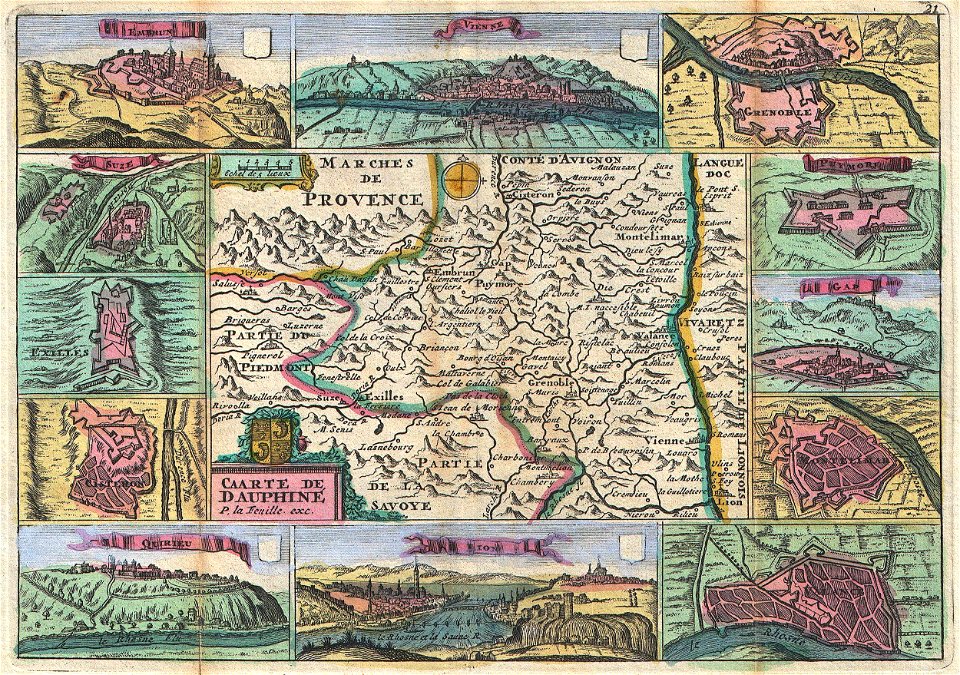 1747 La Feuille Map of Dauphine ( Isère, Drôme, and Hautes-Alpes), France - Geographicus - Dauphine-ratelband-1747