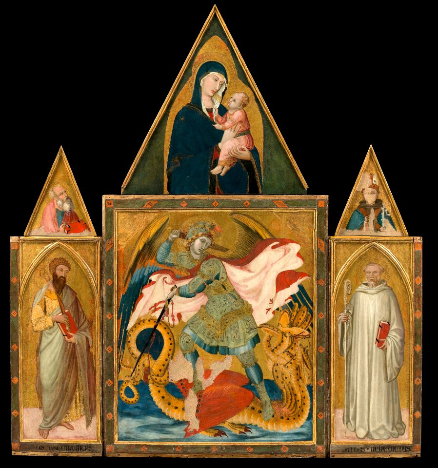 Ambrogio Lorenzetti - Rofeno Abbey Poliptych. Saint Michael the Archangel slaying the Dragon between Saints Bartholomew an... - Google Art Project
