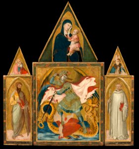 Ambrogio Lorenzetti - Rofeno Abbey Poliptych. Saint Michael the Archangel slaying the Dragon between Saints Bartholomew an... - Google Art Project