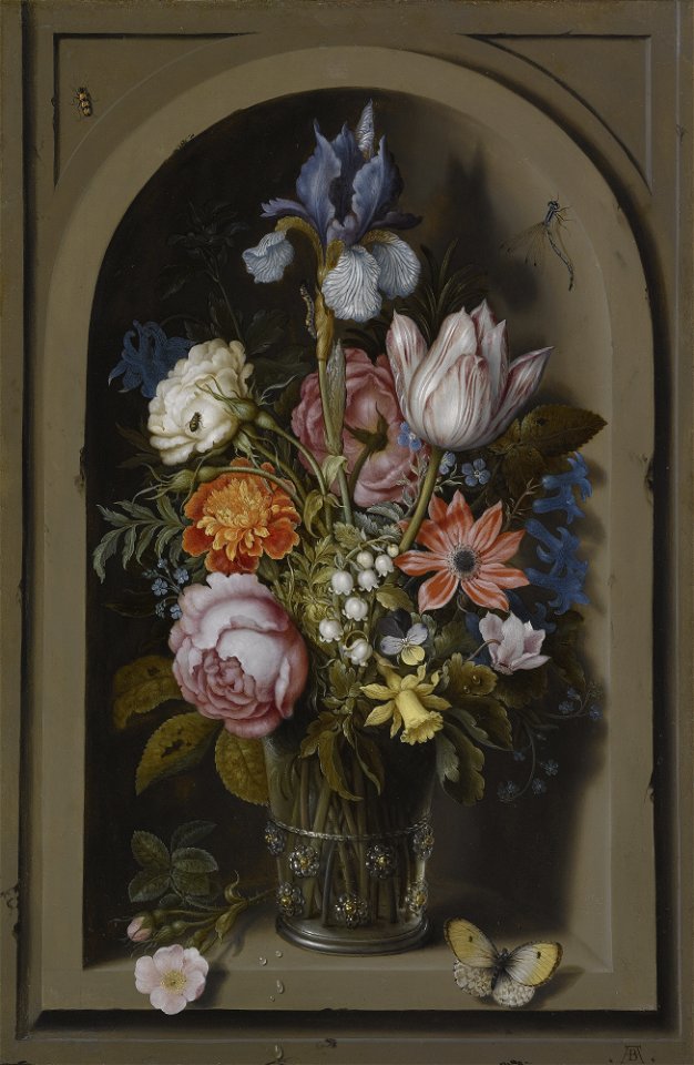 Ambrosius Bosschaert the Elder A still life of flowers in a glass beaker
