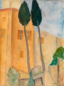 Amedeo Modigliani - Cypresses and Houses at Cagnes (Cyprès et maisons à Cagnes) - BF259 - Barnes Foundation. Free illustration for personal and commercial use.