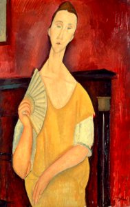 Amedeo Modigliani, 1919, Woman with a Fan, oil on canvas, 100 x 65 cm, Musée d'Art Moderne de la Ville de Paris. Free illustration for personal and commercial use.