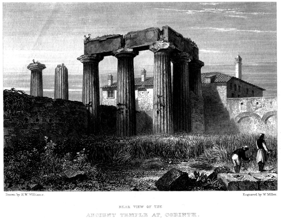 Ancient Temple at Corinth engraving by William Miller after H W Williams