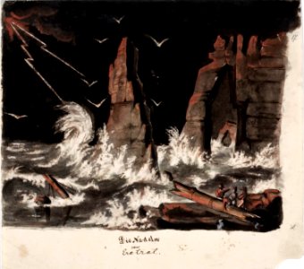 Anders Ekman - Myrskyinen merimaisema hylkyineen, keskellä jyrkkä kalliomuodostelma - A II 1575-17 - Finnish National Gallery
