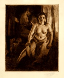 Anders Zorn - By the Bed Stool (etching) 1914. Free illustration for personal and commercial use.