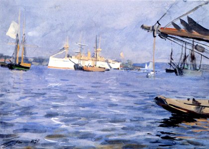 Anders Zorn - The Battleship Baltimore in Stockholm Harbor. Free illustration for personal and commercial use.