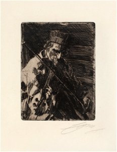Anders Zorn - Village folk musician (etching) 1904. Free illustration for personal and commercial use.