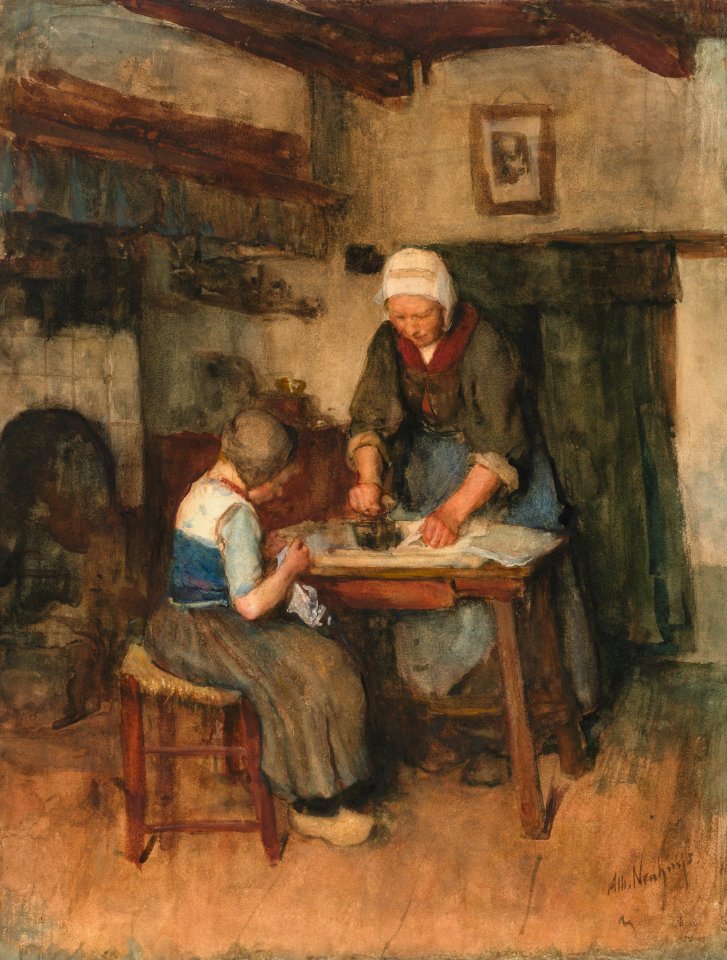 Albert Neuhuys - Interieur met strijkende vrouw en naaiend kind