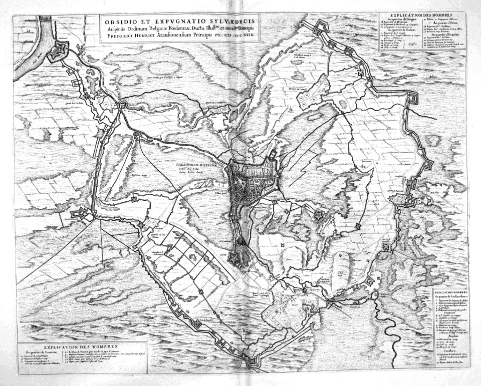 Atlas Beudeker-C9E10 009 03A-OBSIDIO ET EXPUGNATIO SILVADVCIS Auspiciis ordinum Belgicae Foederatae, Ductu Illust.mi et invict.mi Principis FREDERICI HENRICI Arausionensium Principis et MDCXXIX
