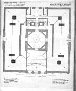 Atlas Beudeker-C9E10 049 14E-GROND van de vierde verdiepingh ofte de Solder, van het STADT-HUYS VAN MAASTRICHT, met vertooningh van Gooten, Nockken ende de Kap