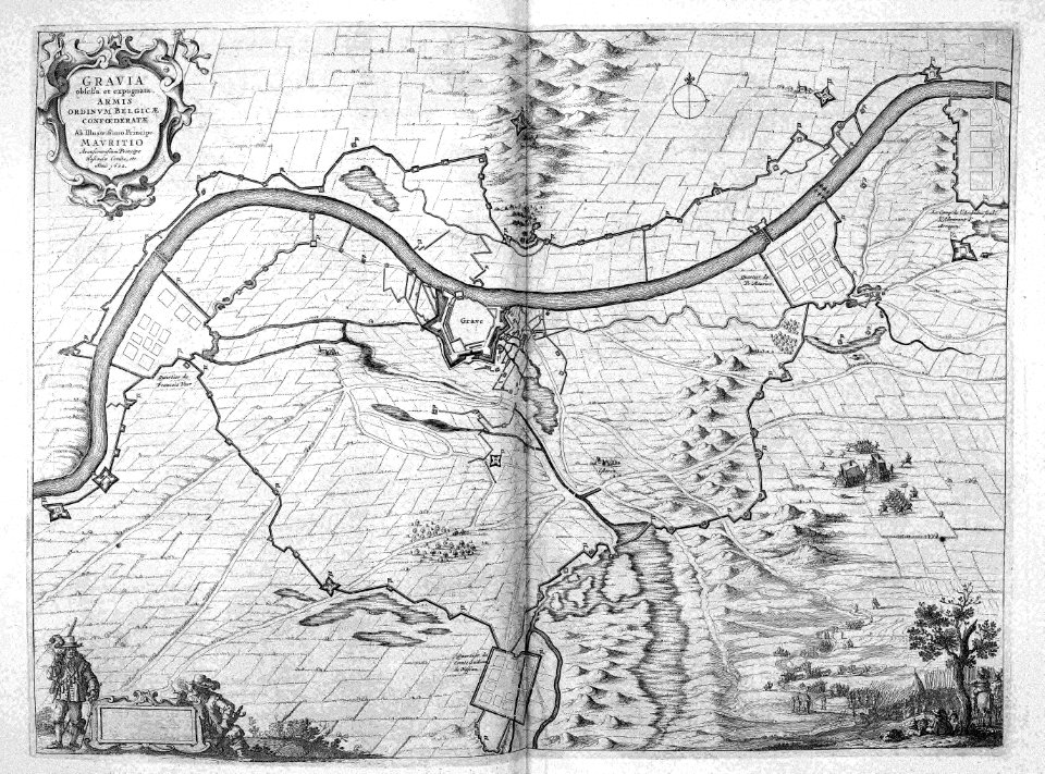 Atlas Beudeker-C9E10 038 10A-GRAVIA obsessa et expugnata ARMIS ORDINVM BELGICAE CONFOEDERATAE Ab Illustrissimo Principe MAVRITIO Arausionensium Principe Nassauiae Comite etc. Anno 1602