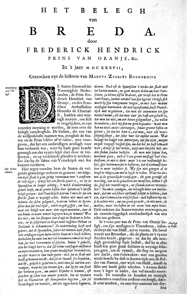 Atlas Beudeker-C9E10 021 001-HET BELEGH VAN BREDA, door FREDERICK HENDRICK PRINS VAN ORANJE,... In t jaer MDCXXXVII; Getrocken uyt de historie van MARCVS ZVERIVS BOXHORNIVS