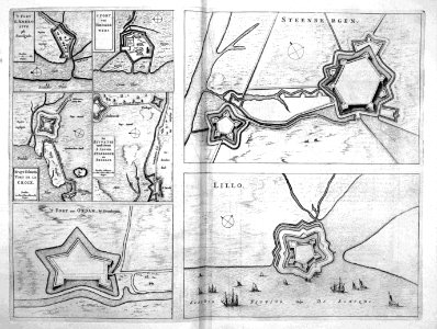 Atlas Beudeker-C9E10 032 09B-1) T FORT S. AMBRO- SIUS ofte Stoofgadt. 2) Kruys-Schants. FORT DE LA CROIX. 3) T FORT van HOOGER WERF. 4) DE SITVATIE vande Forten S. IACOB, STABROECK en PECKGAT. etc
