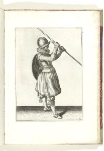 002 (pikeman) Book illustrations of Nassausche wapen-handelinge, van schilt, spies, rappier, ende targe. Free illustration for personal and commercial use.