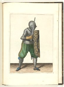 008 (swordsman, color) Book illustrations of Nassausche wapen-handelinge, van schilt, spies, rappier, ende targe. Free illustration for personal and commercial use.