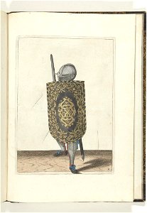 009 (swordsman, color) Book illustrations of Nassausche wapen-handelinge, van schilt, spies, rappier, ende targe. Free illustration for personal and commercial use.