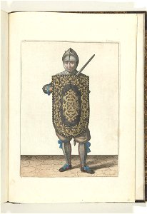 010 (swordsman, color) Book illustrations of Nassausche wapen-handelinge, van schilt, spies, rappier, ende targe. Free illustration for personal and commercial use.