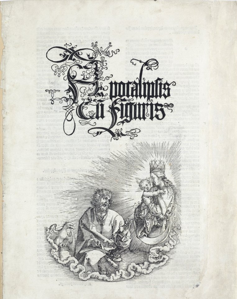 01. Albrecht Dürer, Apokalypsa, Titulní list- Panna Marie se zjevuje sv. Janovi, Národní galerie v Praze